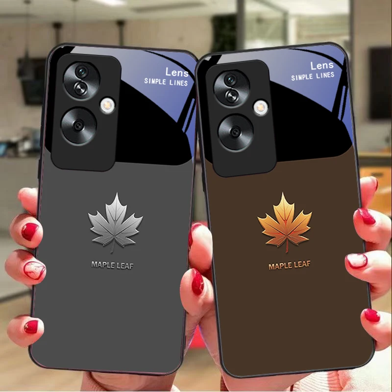 Maple Leaf Color For Oppo A79 5G 58 78 74 60 4G Reno 11F Realme GT 6 11 Note 50 10 C55 X2 Tempered glass black phone case