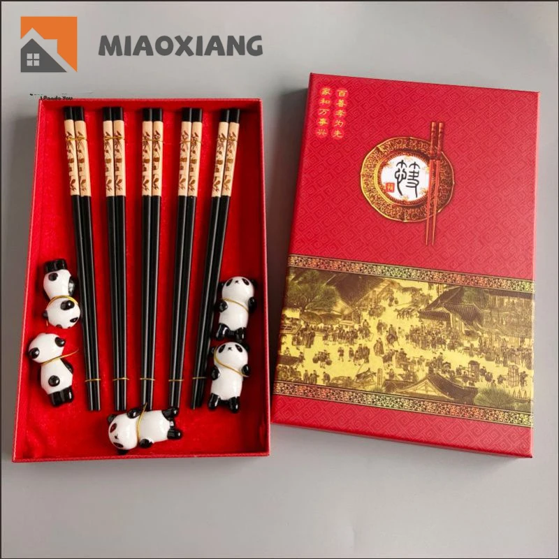 

Chinese Style Chopstick Gift Box Set Souvenir Sichuan Chengdu Panda Redwood Iron Wood Chopstick Holder Tableware Foreign Gift