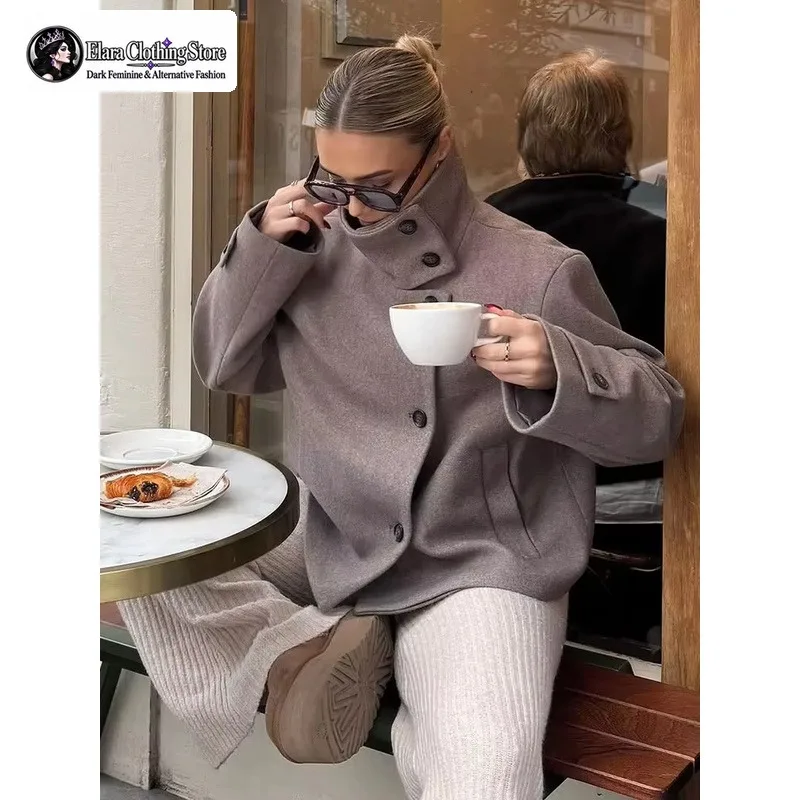 Elara Y2k Style Women's Autumn and Winter Stand Up Collar Thick Jacket, Single Breasted Loose Long Sleeved Versatile Woolen Coat