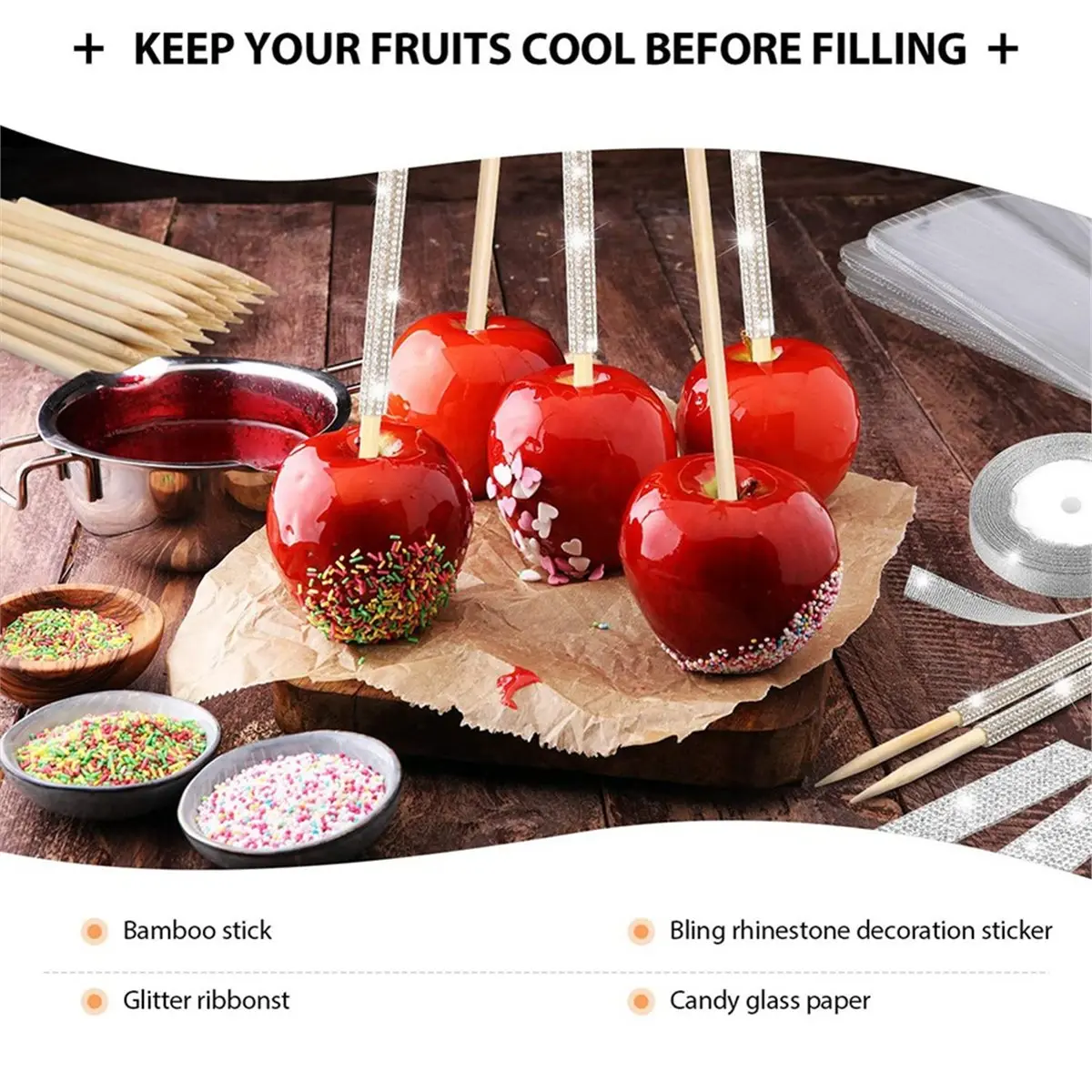 Oct Sale 72Pack Candy Apple Caramel Apple Sticks and Bags, Silver Glitter Ribbon Caramel Apple Making Kit