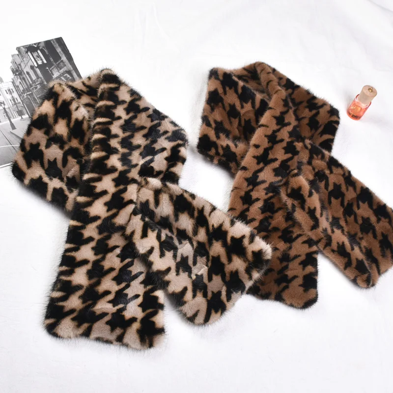 2024 New Real Mink Fur Scarf for Men and Women, Thousand Bird Grid, Leopard Pattern, Fashion, Warm, Double Sided, Autumn, Winter