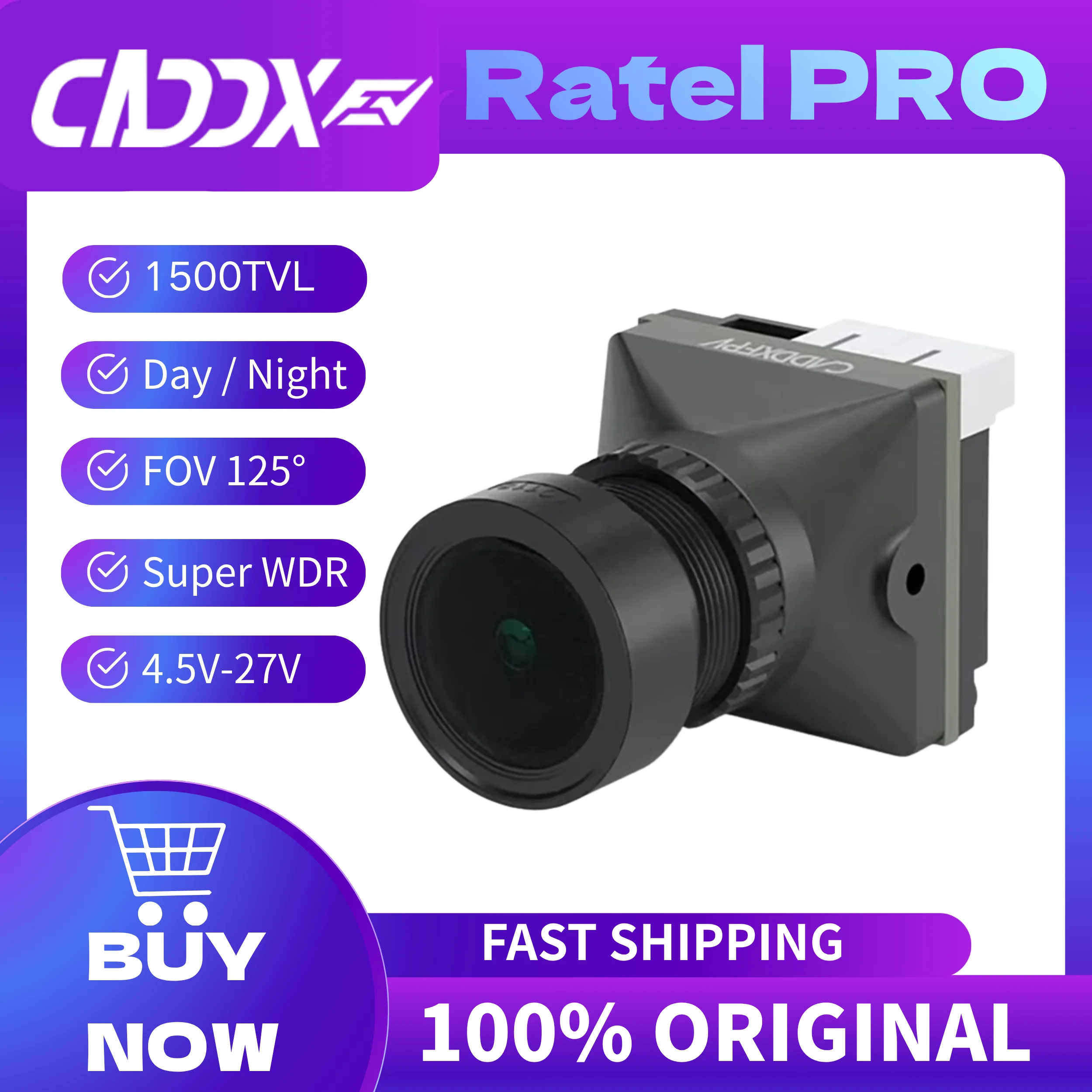 

CaddxFPV Ratel PRO FPV-камера 1500TVL 16:9/4:3 NTSC/PAL FOV125 ° Микрокамера Blacklight Night 4.5V-27V с объективом 5 МП для радиоуправляемых FPV дронов