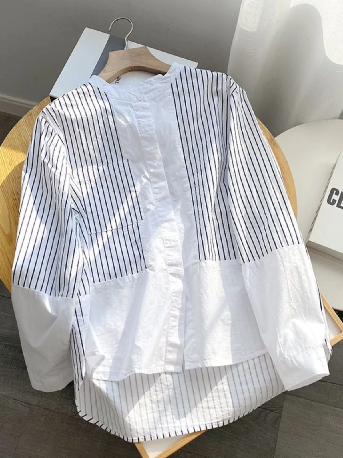 

Trendy Striped Patchwork Loose Fit Stand Collar Women's irt Spring Autumn Korean Sle Asymmetrical Top Commute Sle Cotton