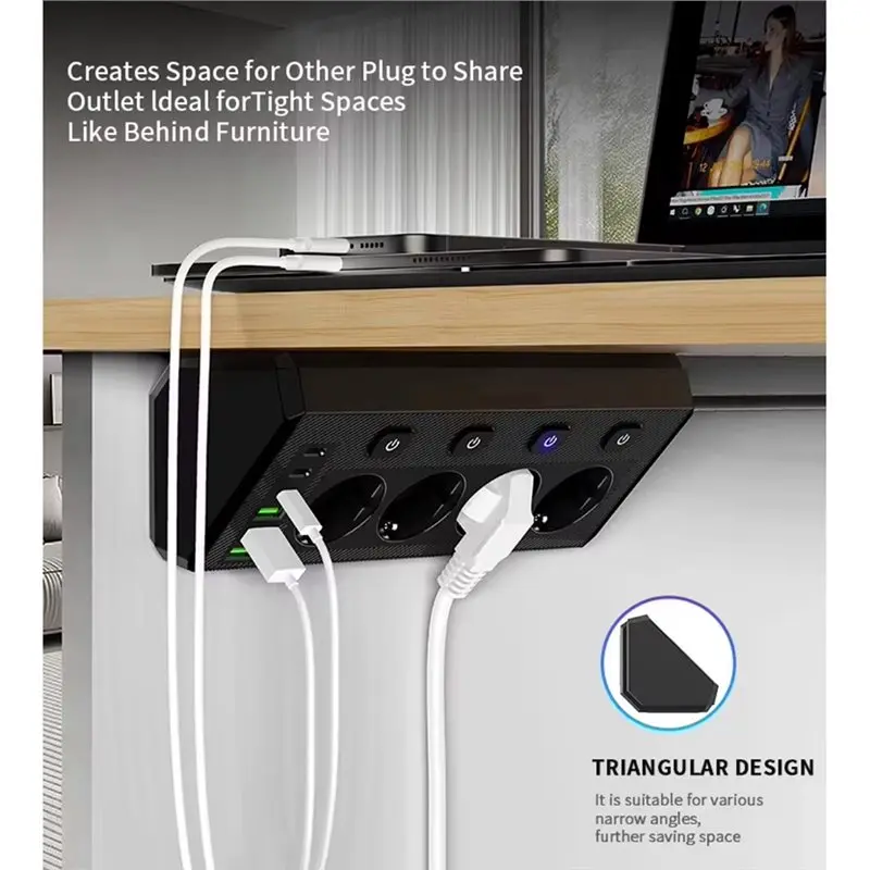 Desktop Corner Power Strip Multi Plug Outlet With Independent Switch 4 USB Ports For Home Office Desk EU PLUG-[No.3 Elnic]