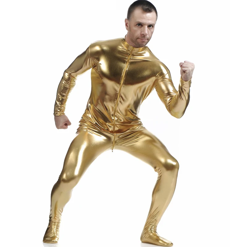 Men Gold Shiny Zentai Suit Adults Mock Neck Long Sleeve Unitard One Piece Wet Look Footed Shiny Dance Catsuit Zip Halloween Male