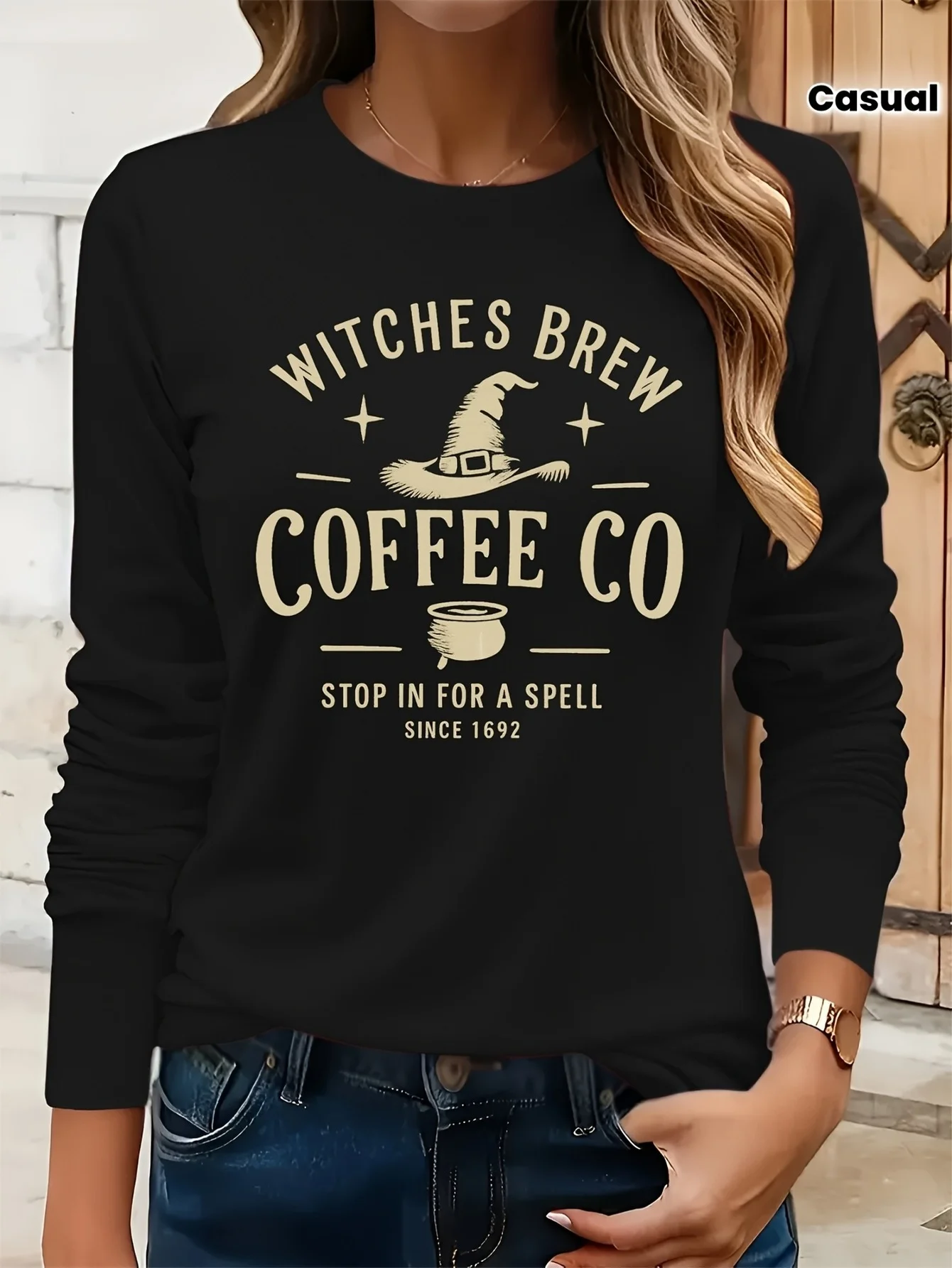 Witch Brew Coffee Slogan Print T Shirt Regular Long Sleeve T-shirt for Halloween Women's Casual Tops Clothes Female Outfit Daily