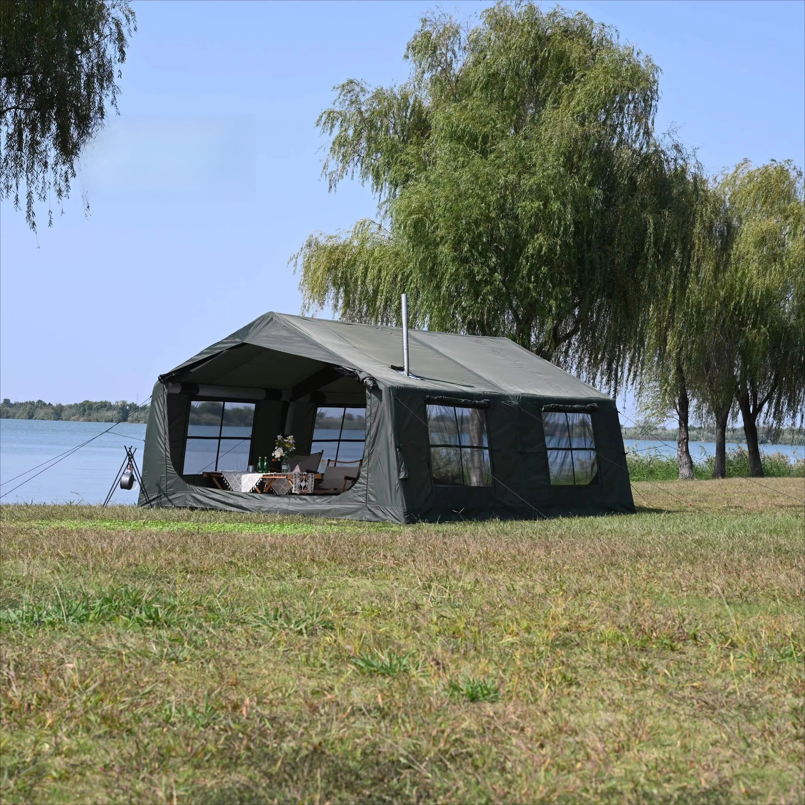 vb-Premium TC Cotton Fabric Large Inflatable Air Tent 17.8㎡ Spacious & Durable for Four Season Family Glamping&