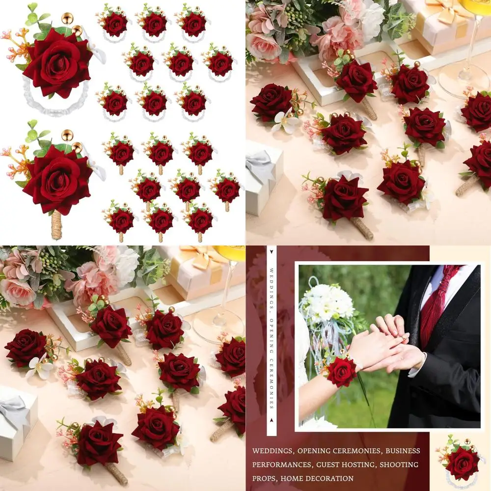 

Red Rose Wrist Corsage and Boutonniere Set for Wedding, Prom, and Party Suit Decorations