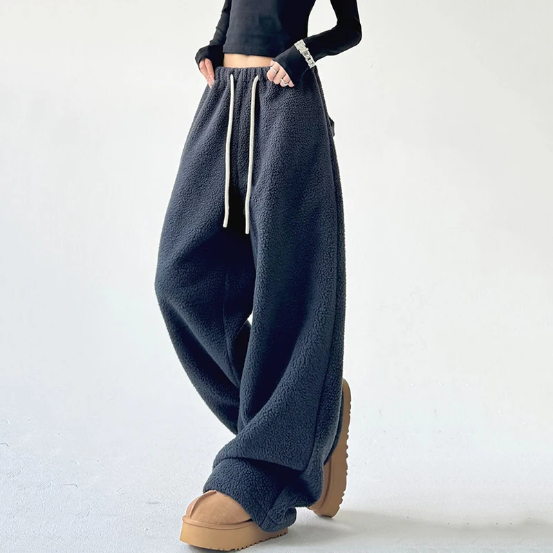 Faux Lambswool Warm Wide-Leg Pants Women 2024 Chic Drawstring Waist Winter Joggers Woman Solid Color Loose Sweatpants Female