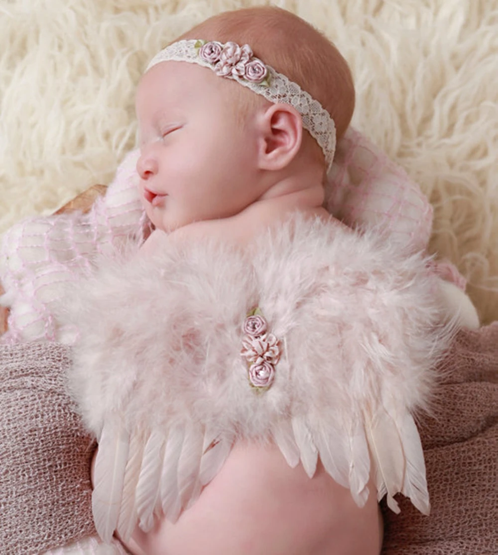 Adorable Infant Photography Outfit with White Feather Angel Wings for Newborns - Baby Hair Accessories Headband