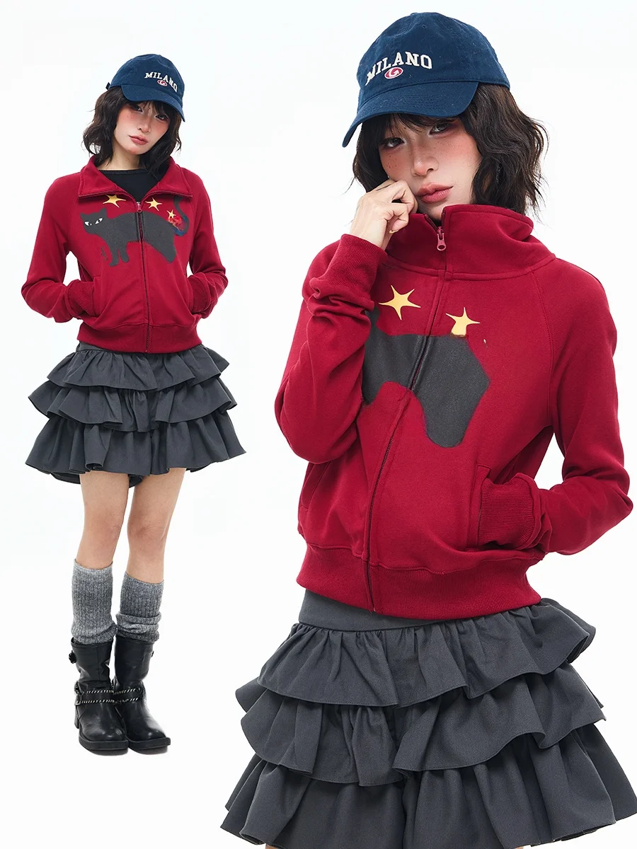 

Женский красный свитшот Sanowers в американском ретро-стиле с принтом и воротником-стойкой, приталенный, на весну-осень, открытый кардиган, короткая куртка