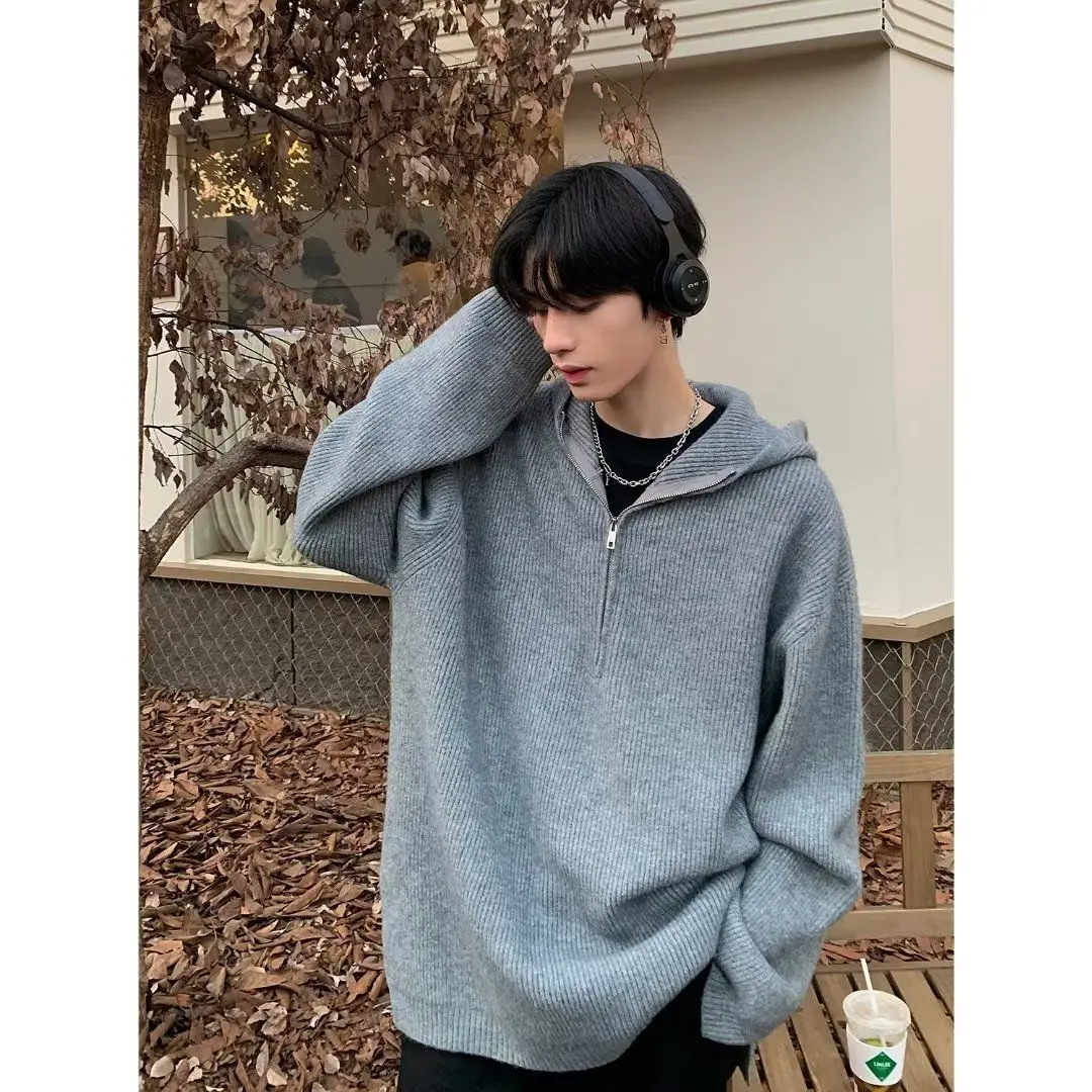 

Thiened Autumn Winter Men's Knitted Sweater Deer Velvet Hooded Zipper Casual Leisure Base Layer Polyester Fiber Regular Fit