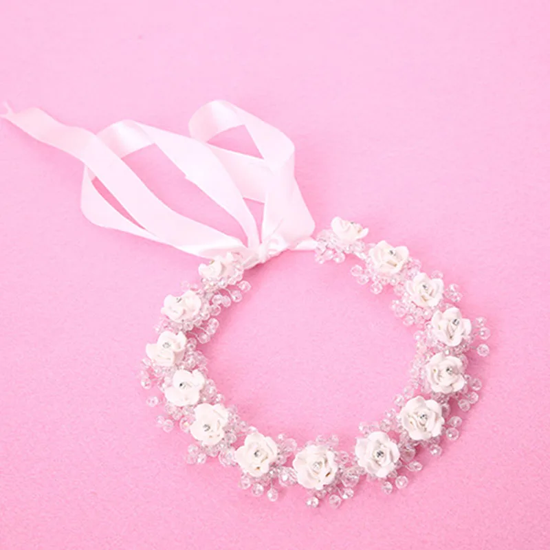 White Ceramic Flower Headband With Ribbon Wreath Wedding Party Ladies Girls Garlands Floral Crown Hairband TEN Elegant