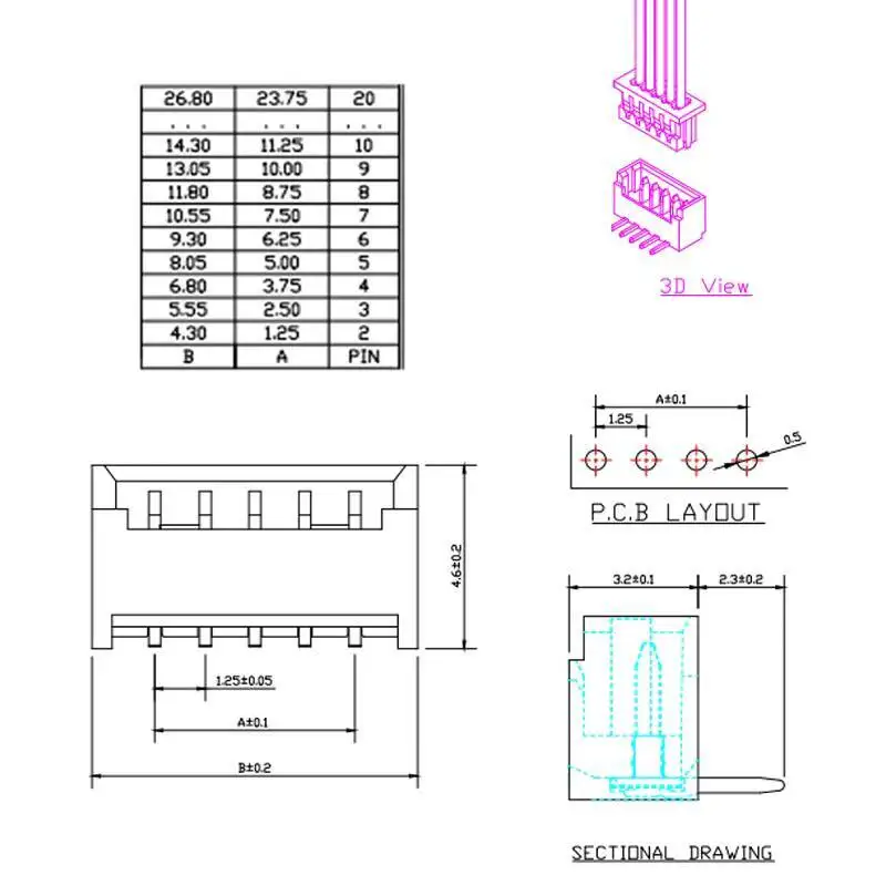 20 Stück 1,25 mm Rastermaß Buchsenstecker Gerade Gebogene Stifte 2P3p4p5p6p7p8p9p10p – Detail 1