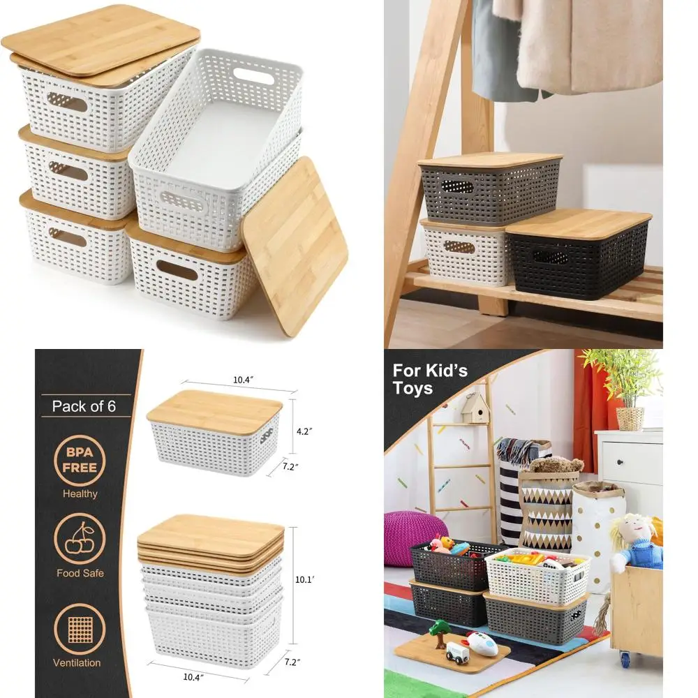 

Set of 6 Bamboo-Lid Plastic Storage Bins for Organizing Kitchen, Bedroom, Office, and Closet - Sturdy White