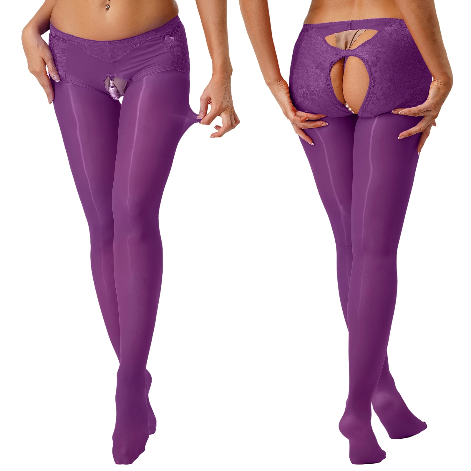

Women Purple Floral Lace Leggings Erotic Pearls Decor Crotch Open Butt Footed Stockings Pantyhose for Lingerie Dating Nightwear