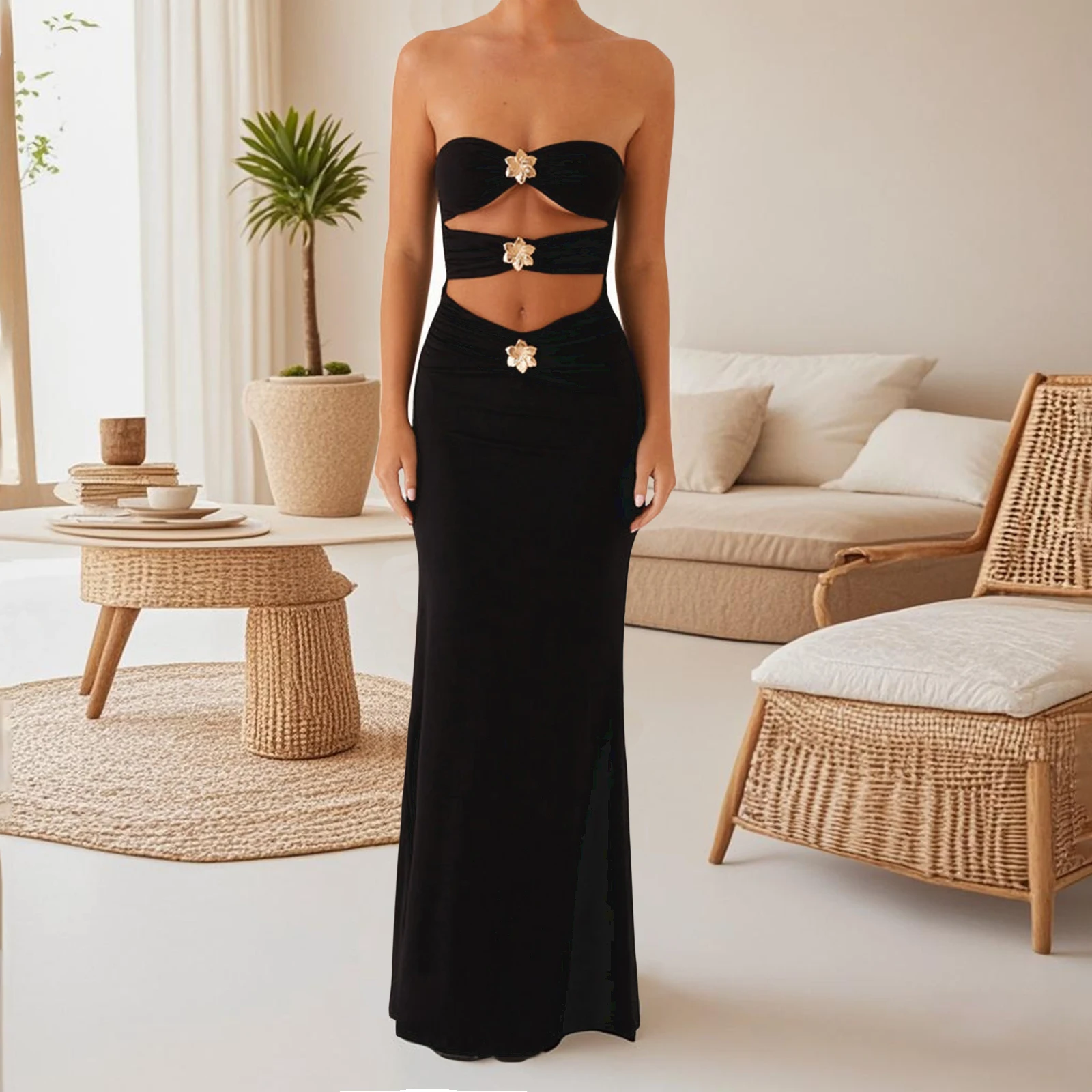 Langes Röhrenoberkleid für Damen, schmales, schulterfreies, figurbetontes Kleid mit Metallblume und Ausschnitt für Party, Club