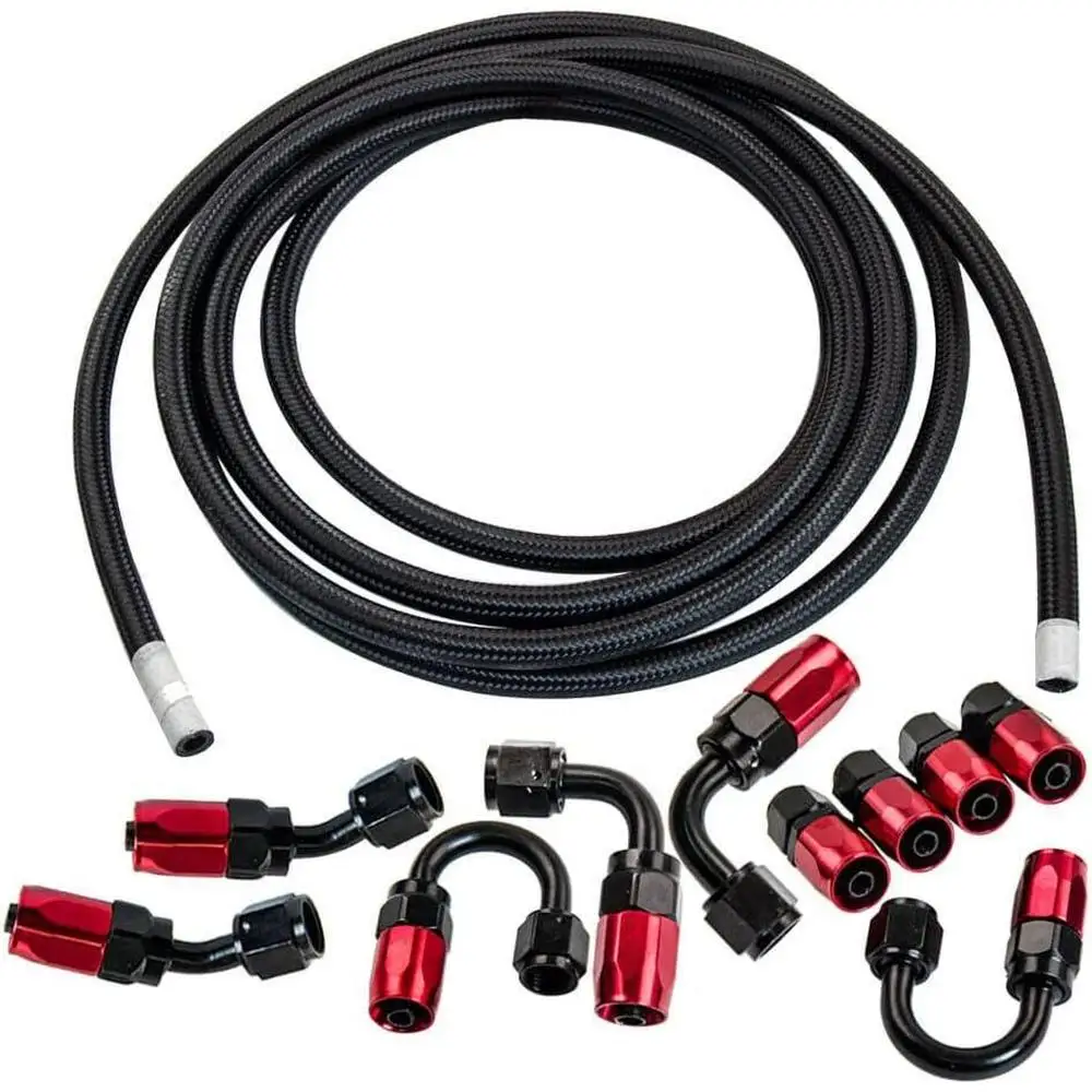 

6AN Fuel Line Kit 16ft Nylon Braided Hose with 10PCS Swivel Hose End Fitting Red Blue Black Silver for Racing Car