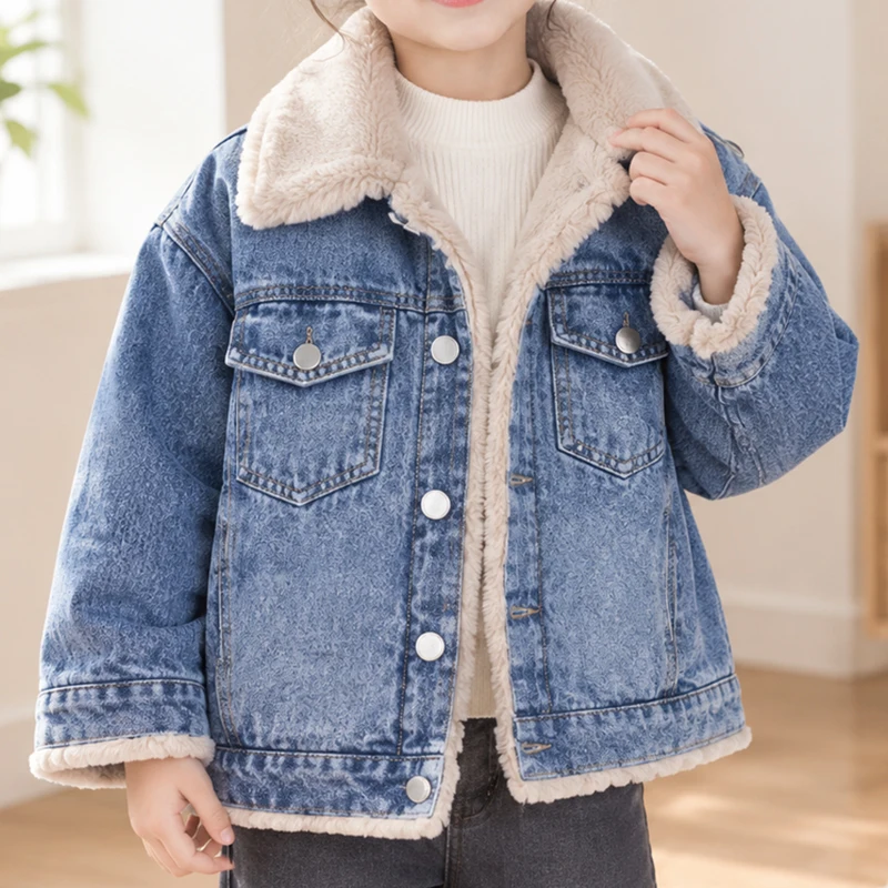 1pcs Kids Velvet Warm Denim Jackets Girls Flip Collar Long Sleeves Coats Teenagers Fashion Soft Comfortable Thicken Thermal Tops