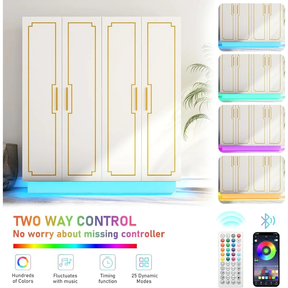 Armario de 4 puertas con barra colgante de Metal, armarios altos blancos para dormitorio con luces LED RGB de 60000 colores