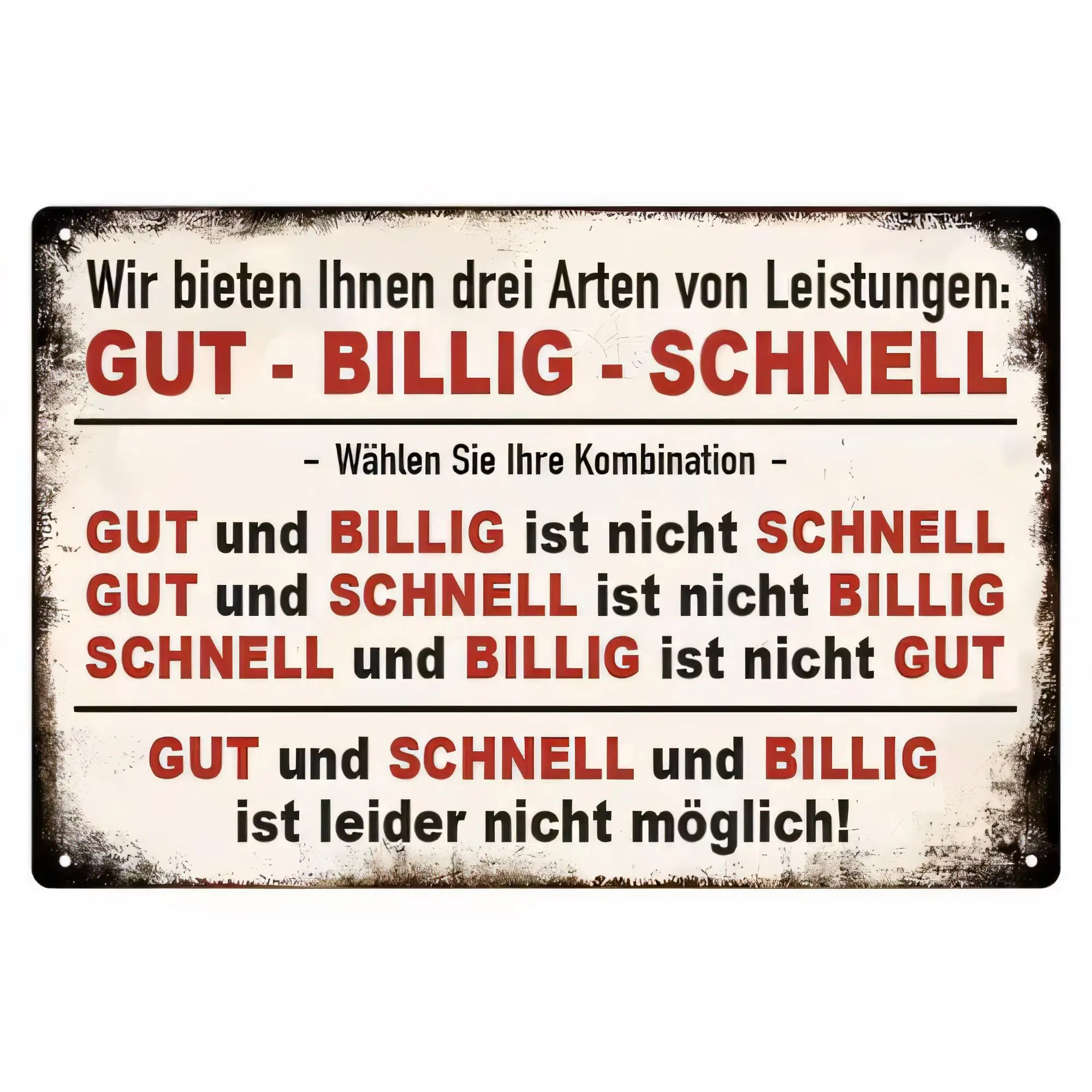 Blechschild, Metallposter „GUT BILLIG SCHNELL“, deutsches Zitat, Wandkunst, Vintage, rustikales Retro-Blechplakette für Büro, Küche, Garage