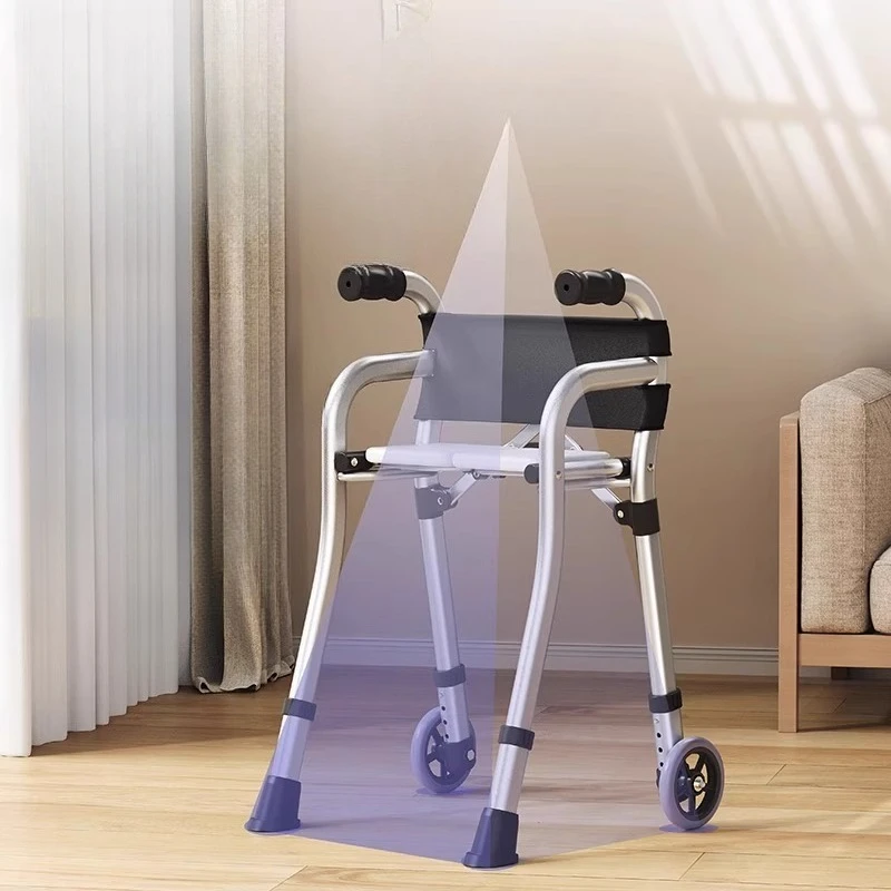 Stand Up Folding Walkers for Seniors , Adjustable Aluminum Dual-Wheel Walker, Elderly Rehabilitation Walking Aids Crutch Chairs