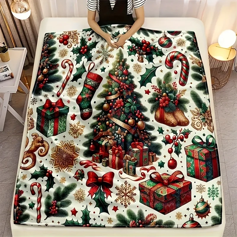 Christmas Tree Pattern Blanket - Machine Washable, Soft for Sofa/Camping, Ideal for All-Season Travel & Home Decor