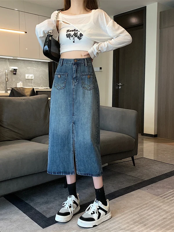 

Retro High Waist Slit Denim Skirt Women's Summer 2026 Versatile Slimming Mid-Length Wrap around A-Line Skirt