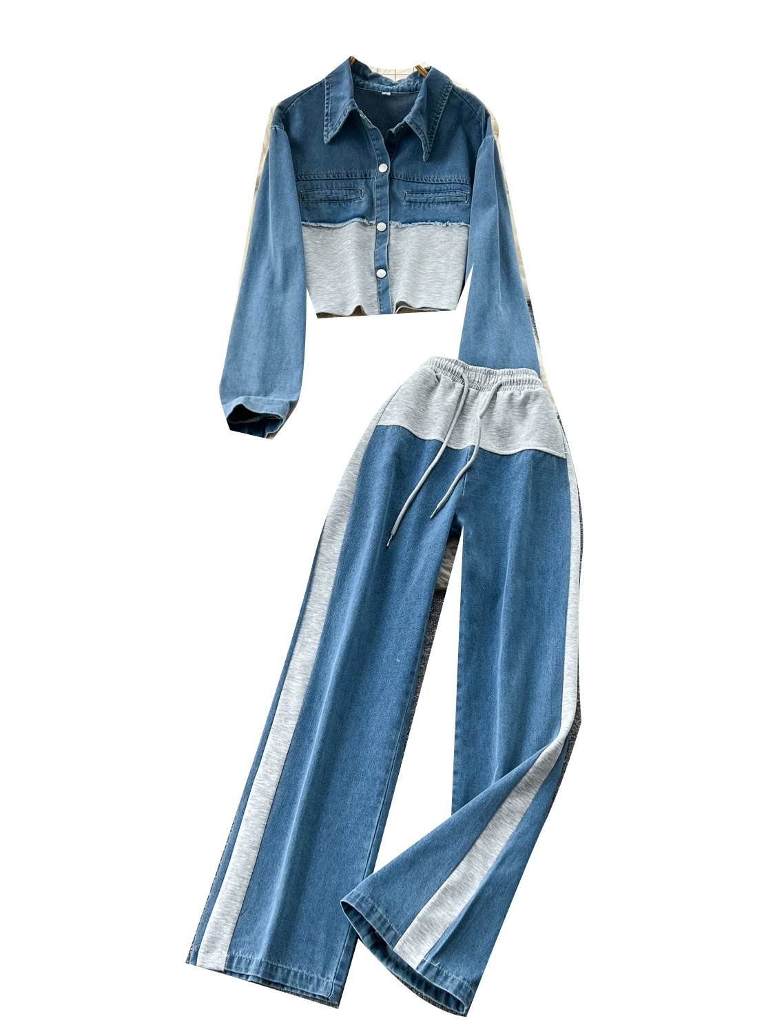 

Повседневный Гонконг Sle с высокой талией в стиле пэчворк, джинсовые широкие брюки прямого кроя, куртка, верхняя одежда, комплект из двух предметов, женская мода