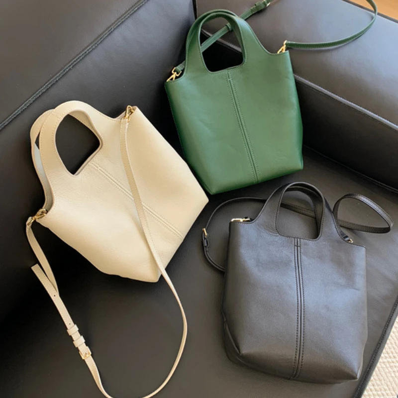 

2024 New Minority Lychee Grain Cowhide Handbags Genuine Leather Bucket Tote Bags Large Capacity Commuter Crossbody Shoulder Bag