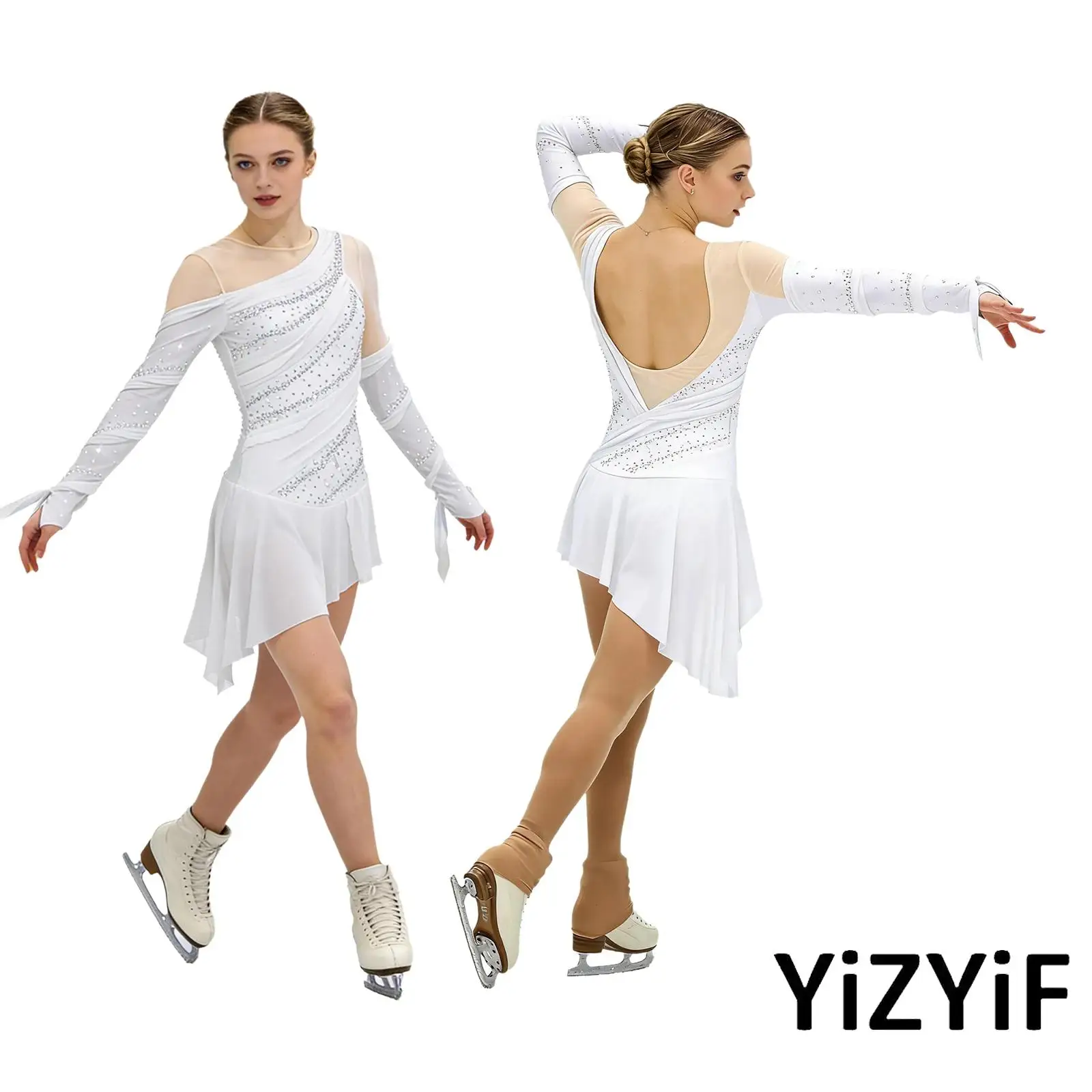 

Womens Ruched Lyrical Latin Dance Leotard Dress Irregular Tulle Sheer Mesh Skating Ballet Gymnastics Bodysuit Modern Dancewear