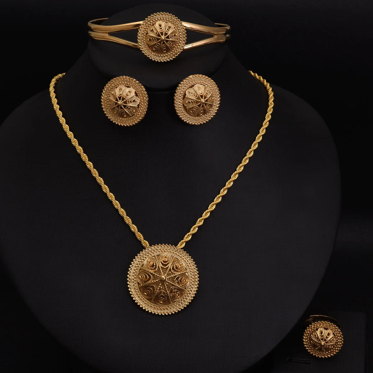 Ethiopian Jewelry set Pendant Earrings Ring Bangle 4-Piece Sets African Eritrean Wedding Engagement Gifts #216