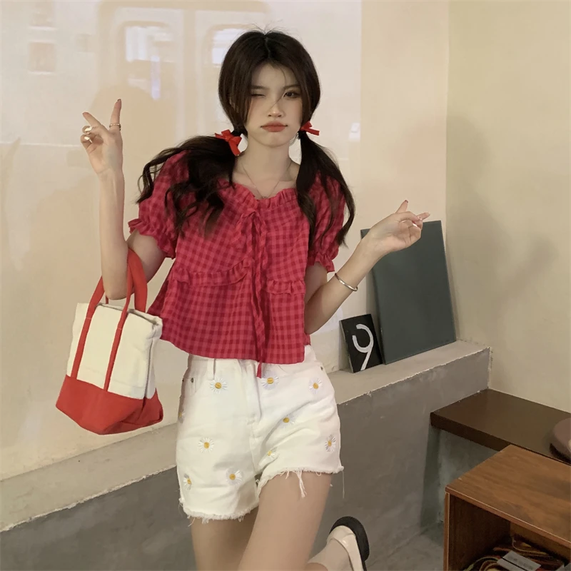 Dragon Fruit Pattern Bubble Sleeve Short Sleeve Shirt Women's Summer Design Unique Checkered Sweet Top Korean Style Loose Fit