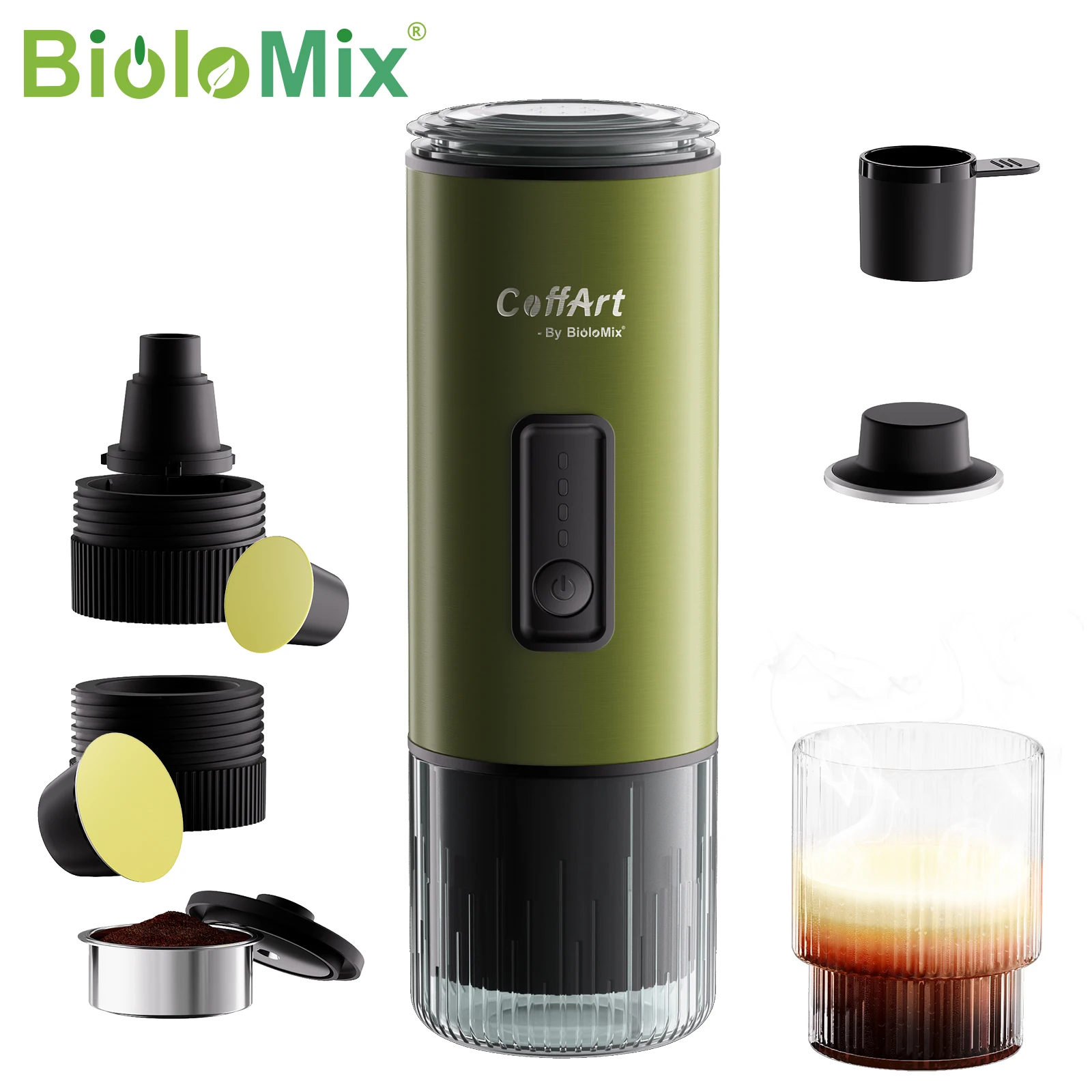 BioloMix Draagbare 3-in-1 Espressomachine – USB/12V Auto- en Reiskoffiemachine voor Nespresso, Dolce Gusto capsules en koffiepoeder