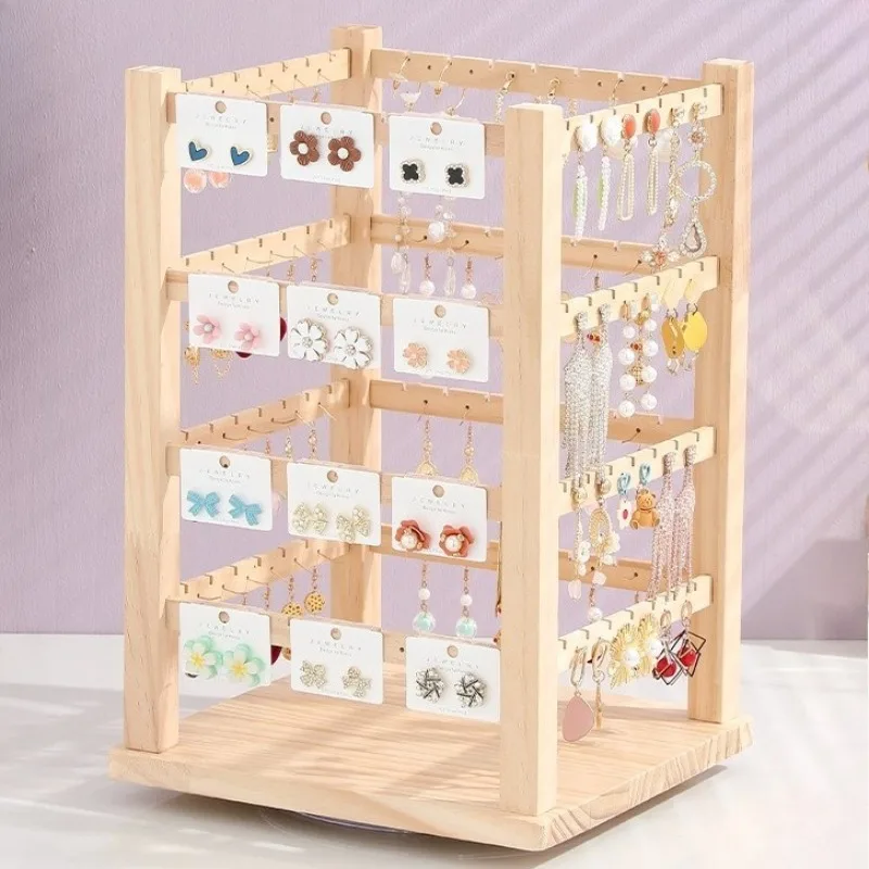 

Стеллаж для демонстрации сережек из цельного дерева, вращающийся большой органайзер для сережек, подставка для хранения женских ювелирных изделий, оптовая продажа, полка для ювелирных изделий