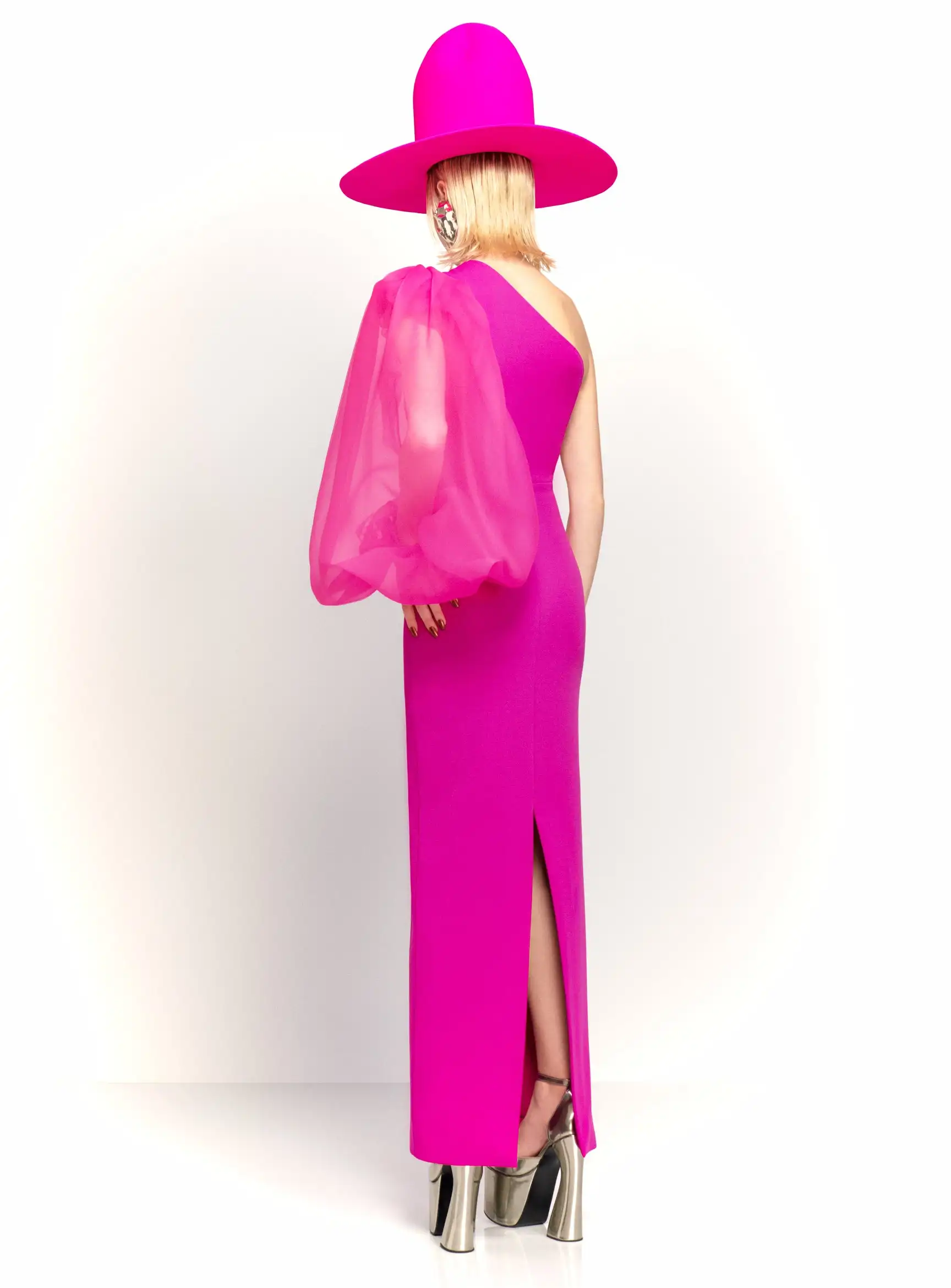 Retro Fuchsia Stretchy Sheath Long Women Dresses To Party See Thru Puff Sleeve One Shoulder Female Maxi Gowns