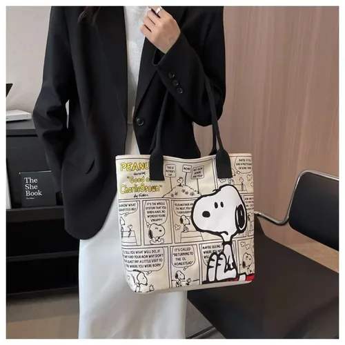Imagen 2 del producto Bolso de lona MINISO, bolso de alta capacidad para mujer, bolso de moda con dibujos de Snoopy, bolso grande versátil de un hombro, regalo para niñas