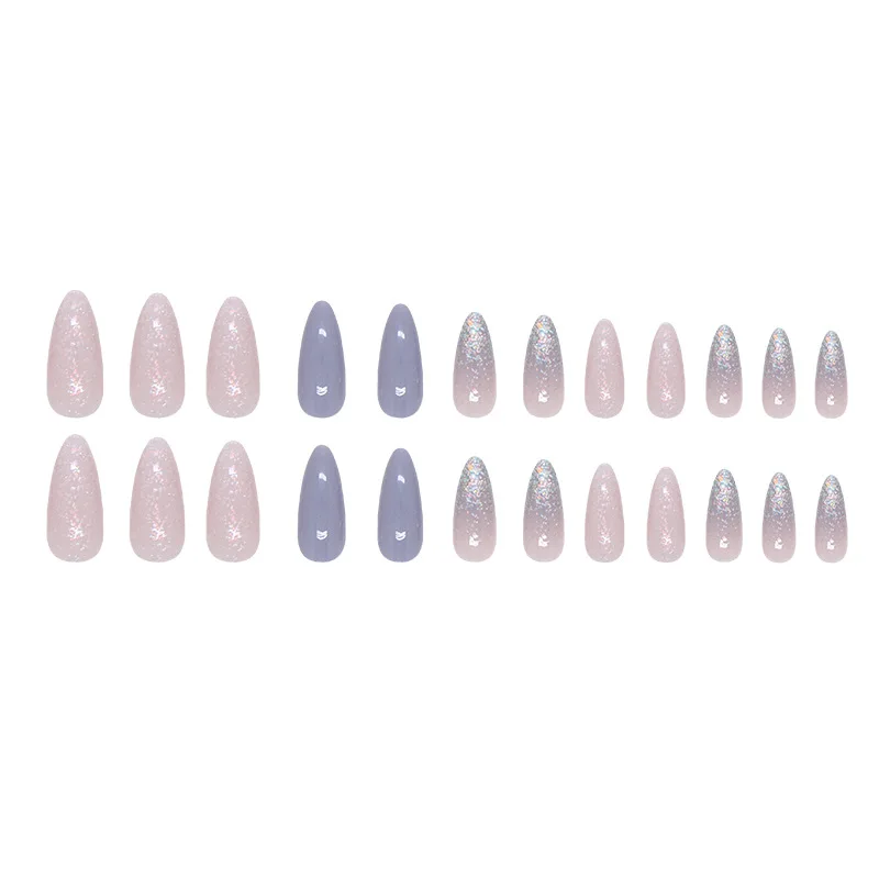 24 pezzi semplici stampa blu sulle unghie con strumenti unghie finte medie lunghe estive con design punte per unghie realistiche con glitter di mandorle 2025