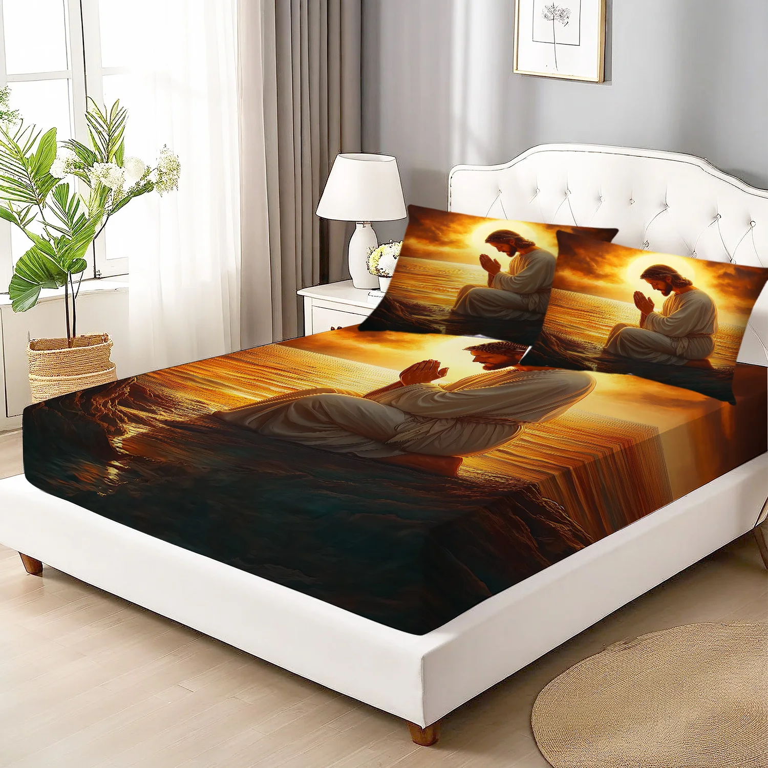 Latacaca 3pcs Jesus Kneeling in Prayer on the Seashore Pattern Fitted Sheet Set, 1 Fitted Sheet and 2 Pillowcases