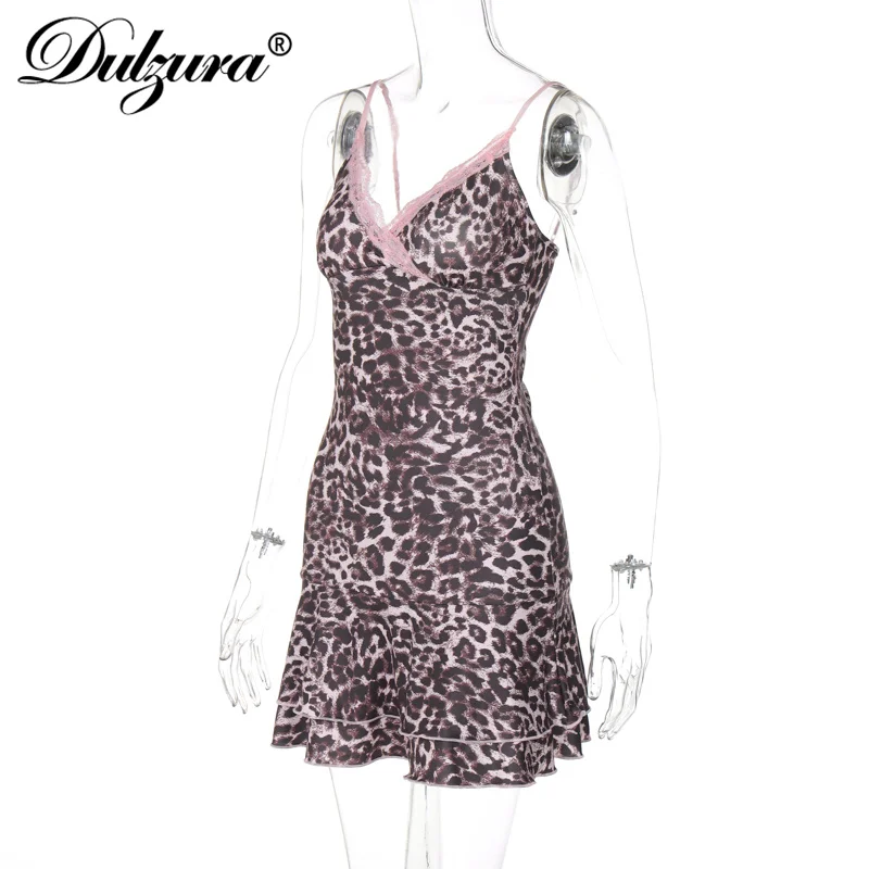 Dulzura pizzo Patchwork leopardo Cami Mini abito scollo a v senza maniche vestito Sexy per le donne Party Club autunno inverno