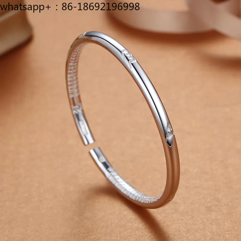 Six-character Mantra Silver Bracelet 9999 Sterling Silver Female Opening Solid Ethnic Style Round Bar Scripture Silver Bracelet