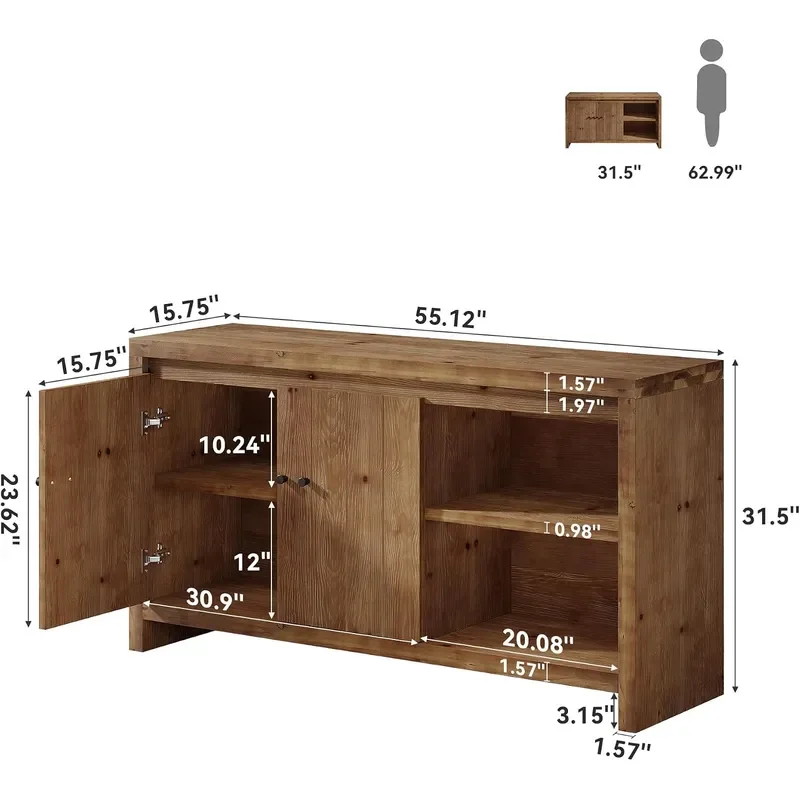 Farmhouse Buffet Sideboard 55 Inch Solid Wood Buffet Storage Cabinet with Customizable Internal Shelves Open Storage for