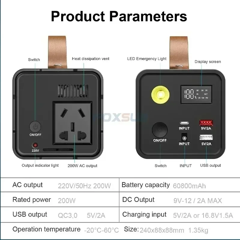 60800mAh Portable Power Station 220V Camping Battery Solar Emergency Generator Power Bank for Self-driving Night Market Stall