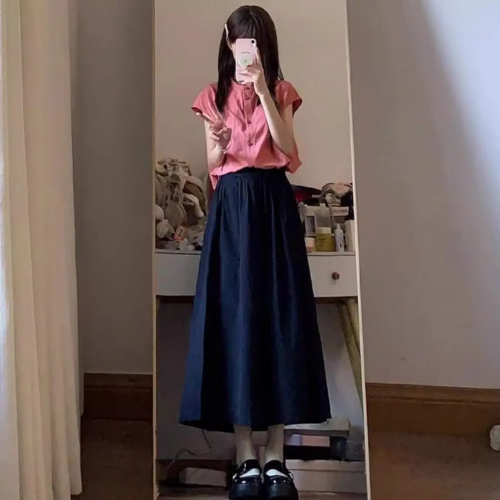 

Japanese Babydoll Shirt Set for Women Summer Loose Style Dopamine Wear Navy Blue Skirt Fashion Suit