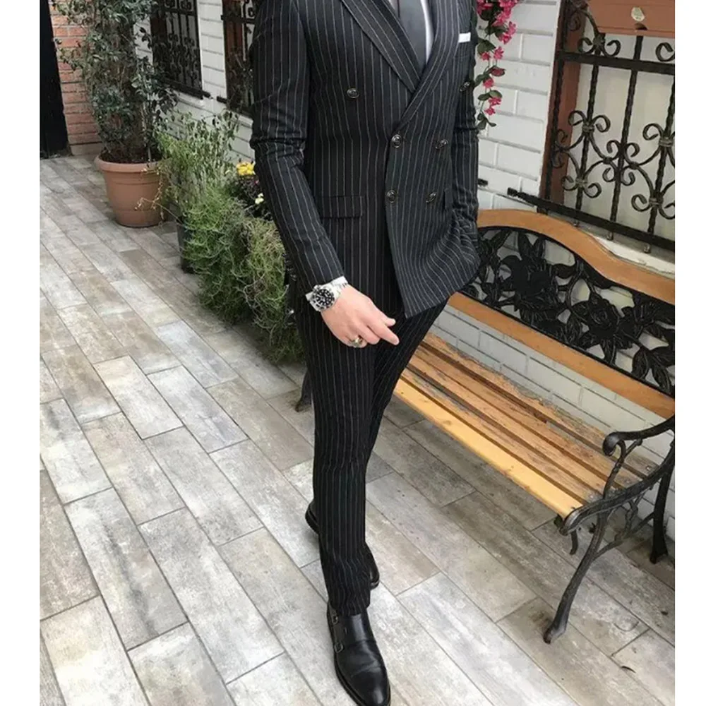 

New Arrival Striped Mns's Suit Formal Casual Wedding Tuxedo 2 Piece Business Peak Lapel Double Breasted Blazer with Pants