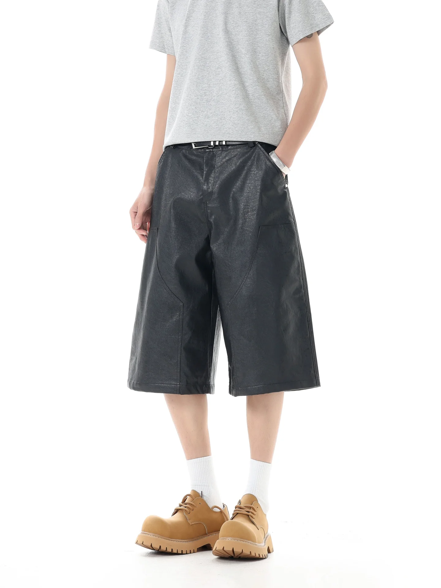 

American High Street Wide Leg Seven-Five Men's PU Leather Shorts Loose Slimming Fashionable Boys' Short Pants Casual Trousers