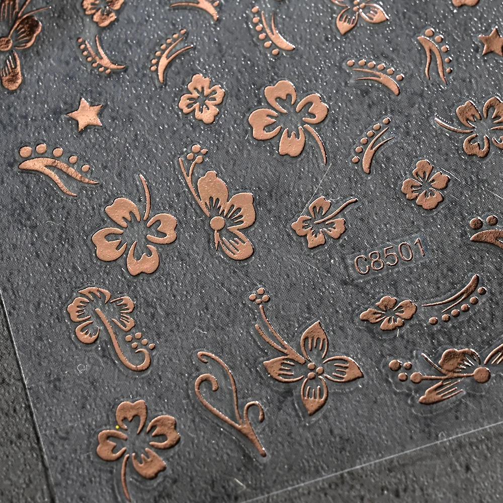 1Pc 히비스커스 꽃 3D 네일 스티커 화이트 블랙 꽃잎 잎 접착 데칼 실버 골드 꽃 DIY 슬라이더 네일 아트 장식