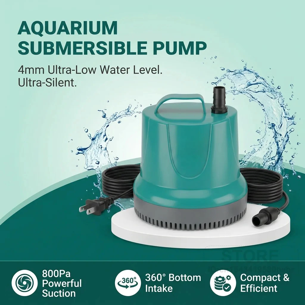 Submersible Aquarium Pump 800Pa Suction 4800L/H Shallow Water 4mm Ultra Quiet 35dB 360 Degree Bottom Intake