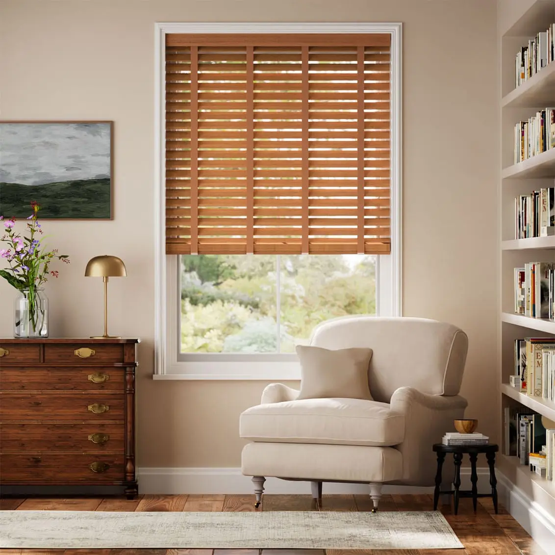 Real Wood Blinds. Basswood slats. Cordless & child safe. Light filtering & privacy. Perfect for bedroom, living room & office.