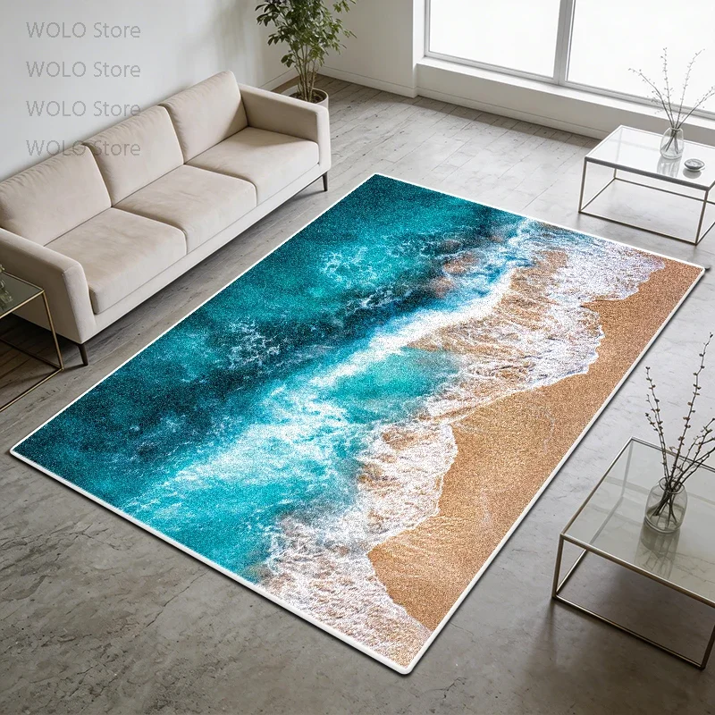 Coastal Beach Ocean Wave Area Rug Blue Pattern Abstract Carpet Nautical Throw Mat for Modern Living Room Decor